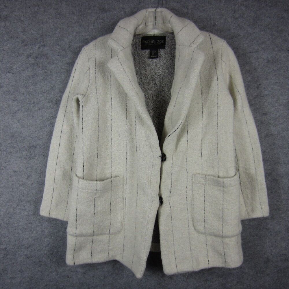 Rachel Zoe Blazer Coat Women XS White Wool Stripe Snap Collared Pocket Oversized